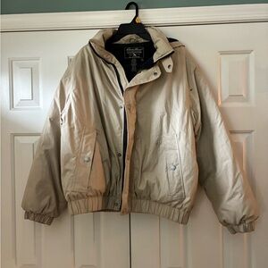 Eddie Bauer Beige and Navy Hooded Down Puffer Jacket